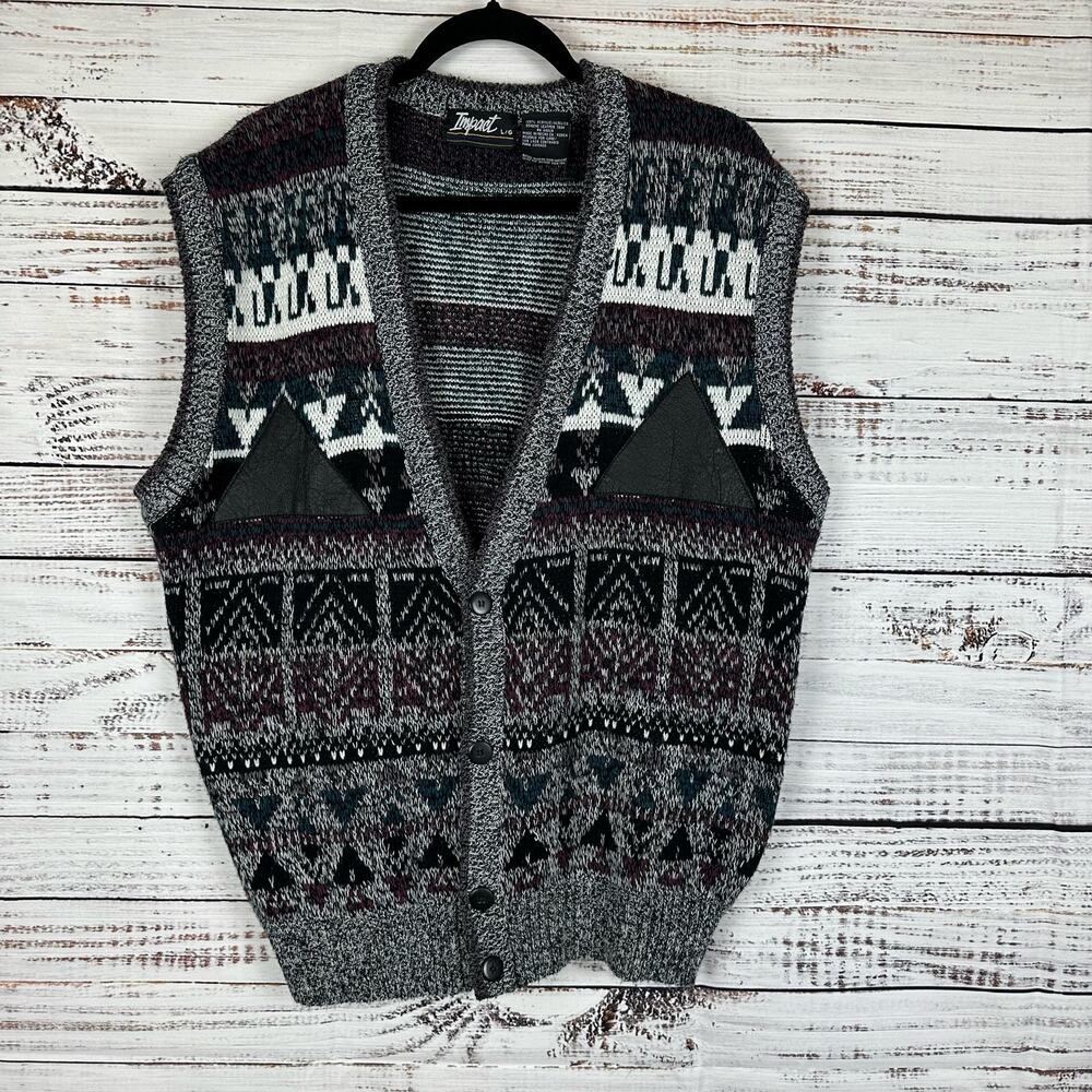 VTG Impact Black 80s Geometric V Neck Button Patch Grandpa Cardigan Vest Mens L